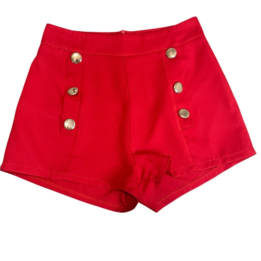 SHEIN Red High Waist Women's Shorts with Gold Buttons